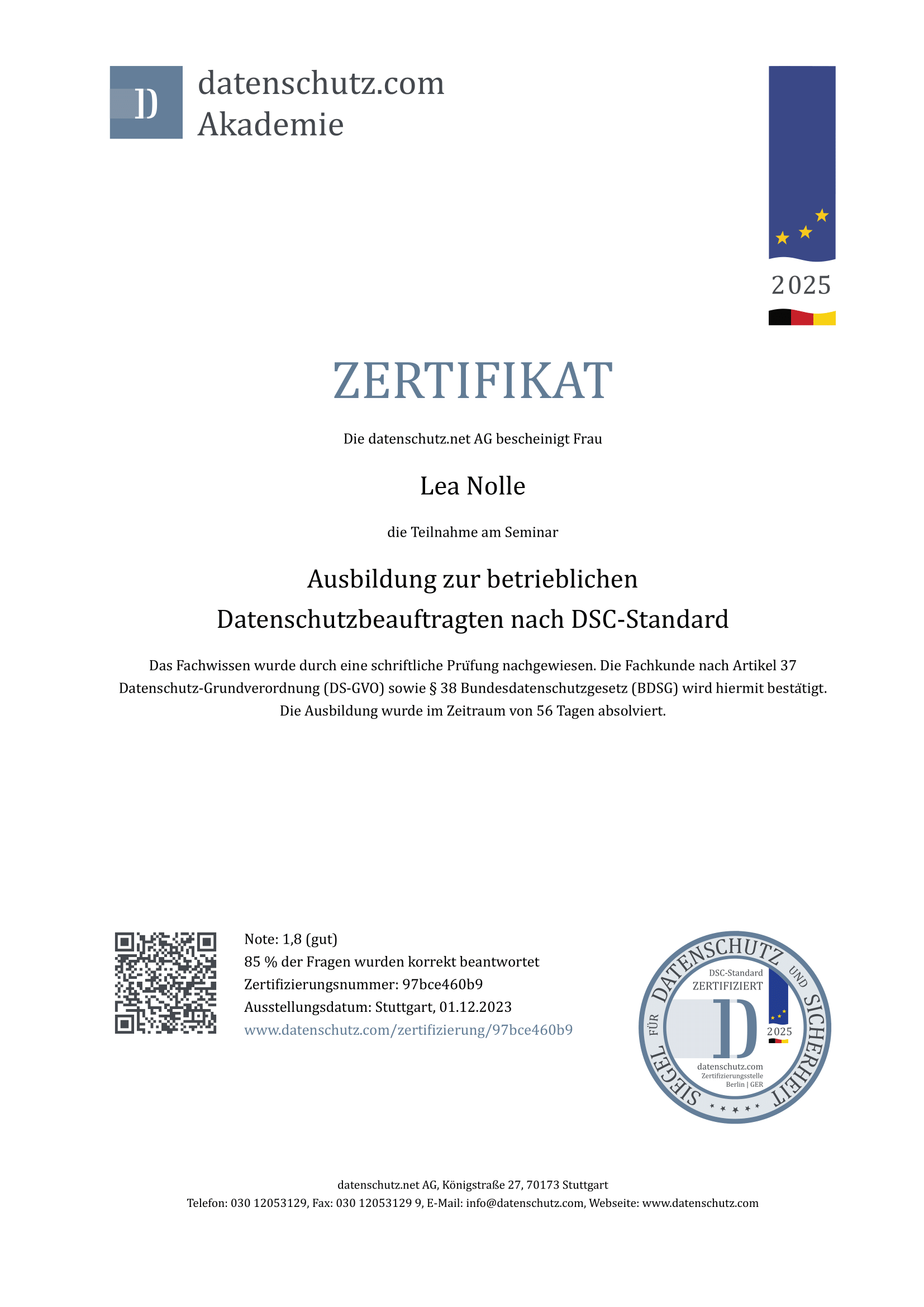 Zertifikat DS4568 – 01.12.2023